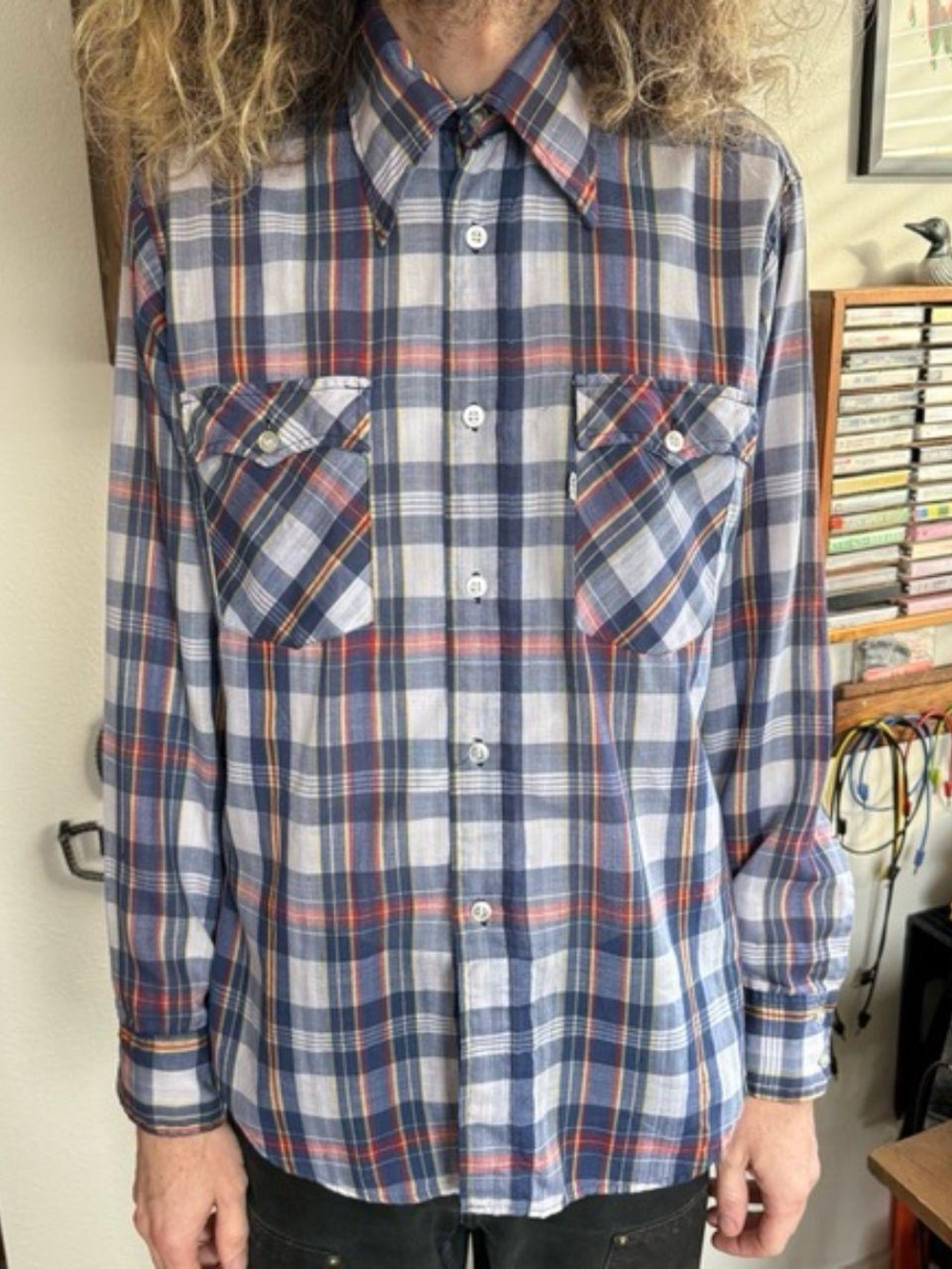 Vintage 80s Levis Blue Plaid Western Style LS Button Down Shirt ~ Size Large